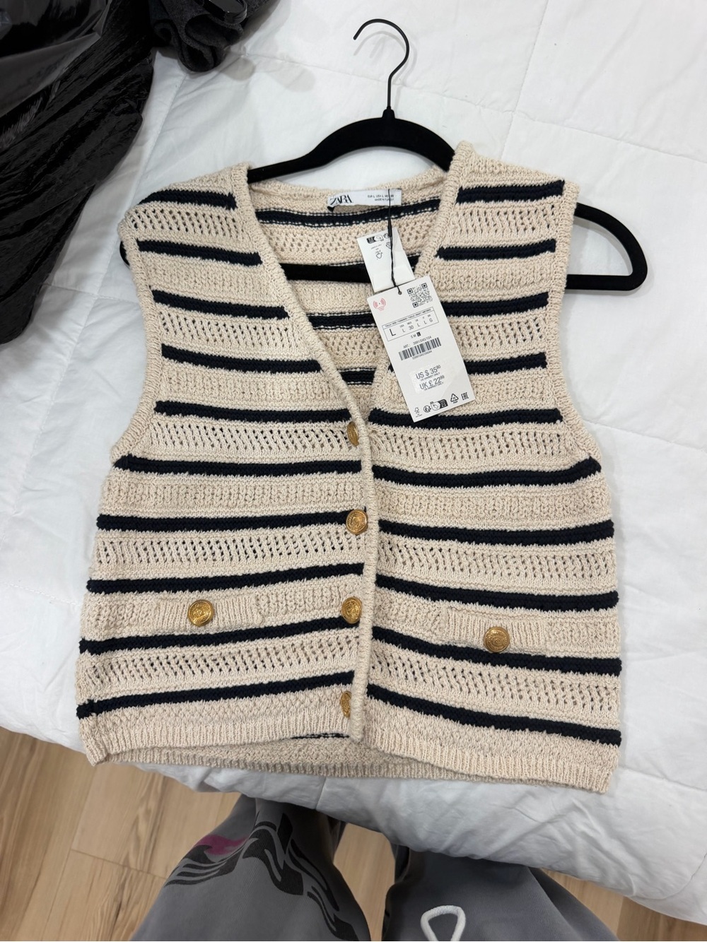Zara Cream and Black Striped Knit Vest with Gold Buttons